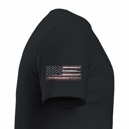 Black Grunt Style American Feeling Unisex T-Shirt with distressed American flag print on sleeve, soft cotton fabric, and tailored fit for DTG printing