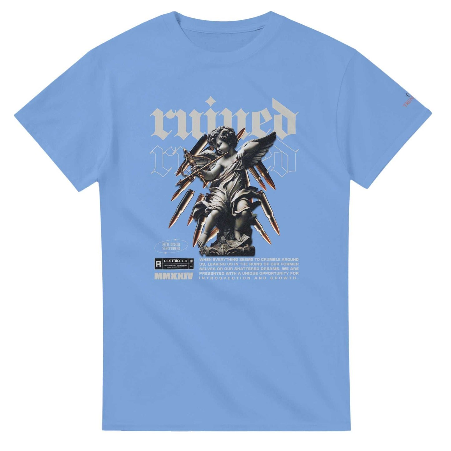 light blue ruined streetwaer unisex crewneck t-shirt with graphic angel print and text design