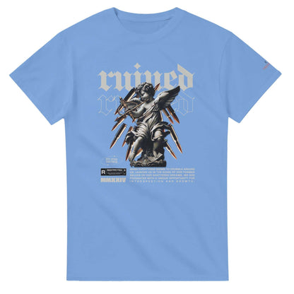 Light blue Ruined Streetwaer unisex crewneck t-shirt with graphic angel print and text design