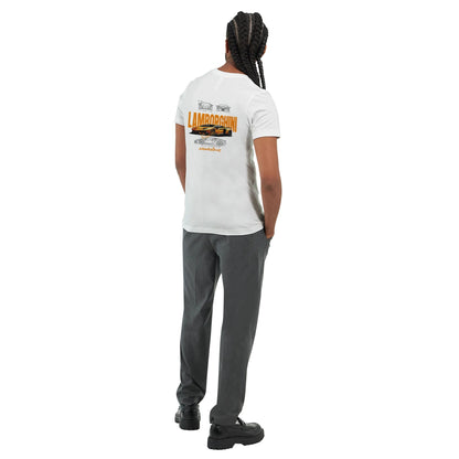 Lamborghini Design T-Shirt für Herren und Damen mit Premium Qualität und coolem Auto-Motiv auf weißem Stoff