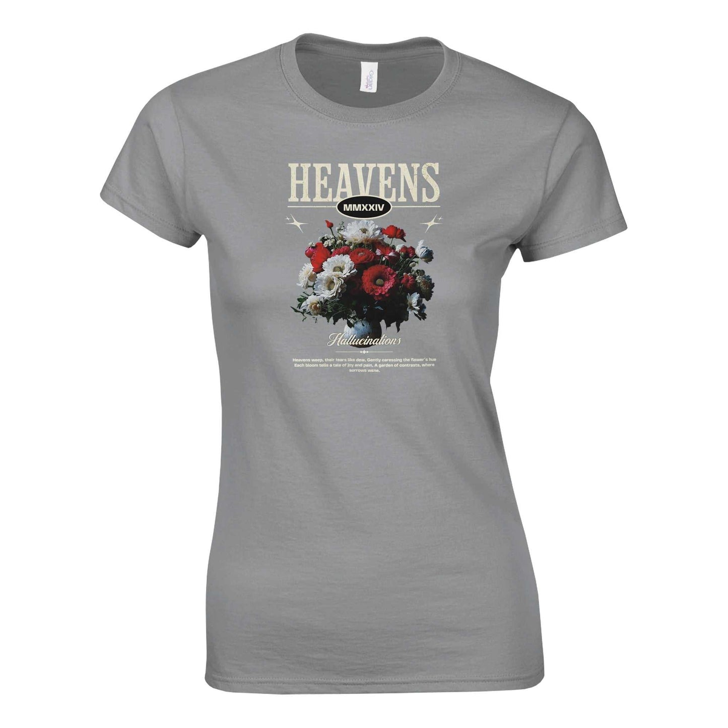 damen gildan® 64000l t-shirt in grau mit "heavens" print und blumenmotiv, halbtailliert und aus 100% ringgesponnener baumwolle.