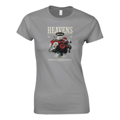 Damen Gildan® 64000L T-Shirt in Grau mit "Heavens" Print und Blumenmotiv, halbtailliert und aus 100% ringgesponnener Baumwolle.