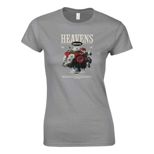 Damen Gildan® 64000L T-Shirt in Grau mit "Heavens" Print und Blumenmotiv, halbtailliert und aus 100% ringgesponnener Baumwolle.