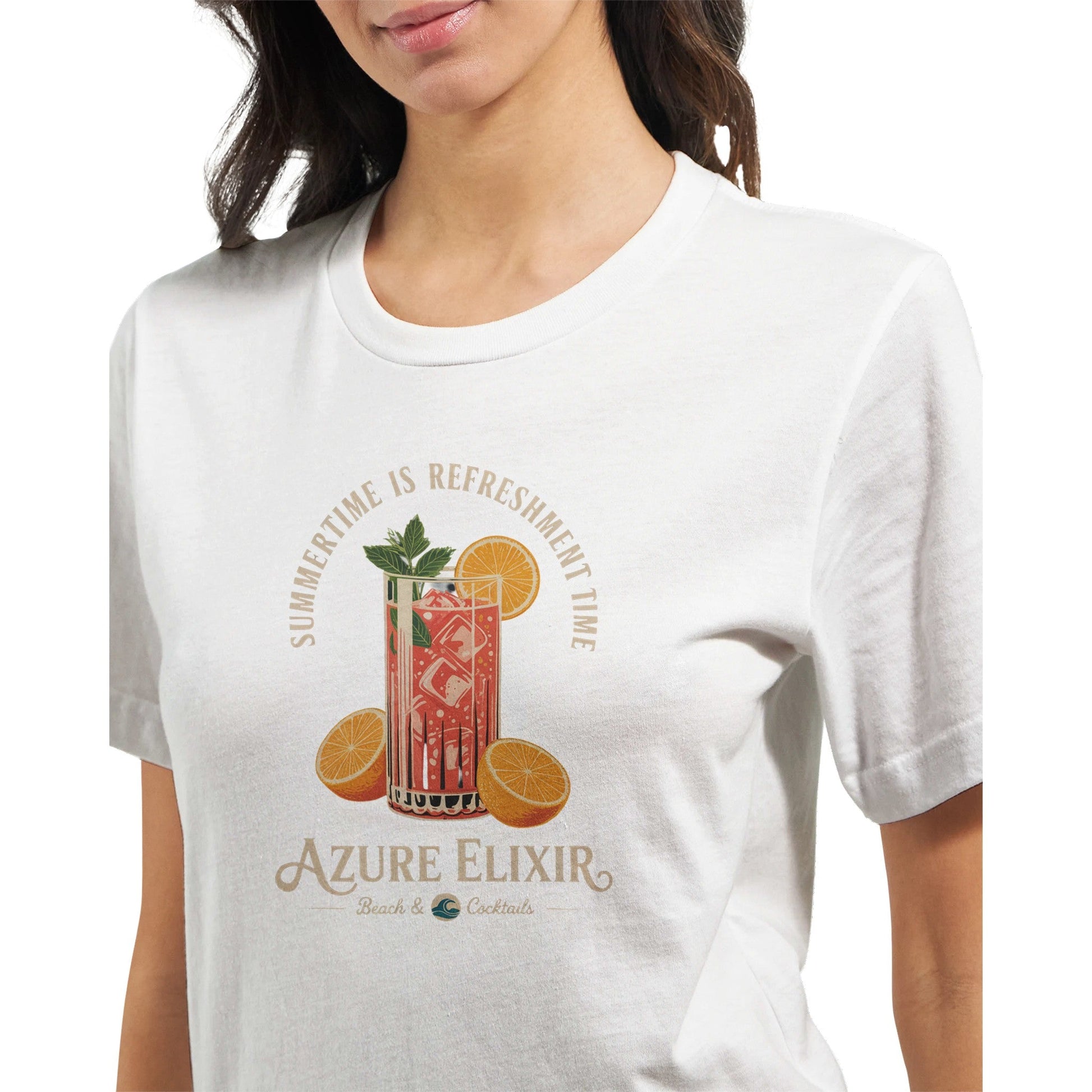 Sommer T-Shirt aus weicher Baumwolle mit sommerlichem Cocktail-Print, unisex und körperbetont geschnitten.