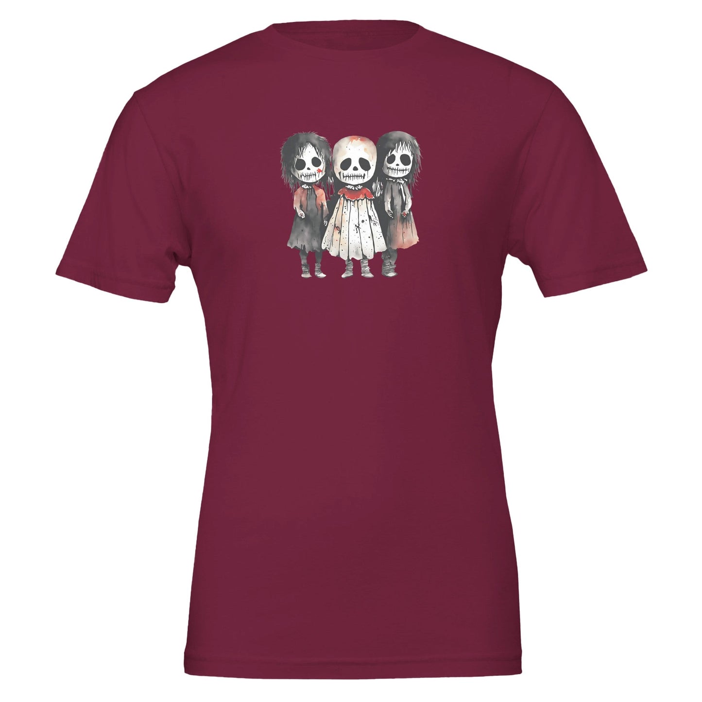 maroon horror child t-shirt with three spooky skeleton kids graphic, soft eco-friendly cotton, unisex fit