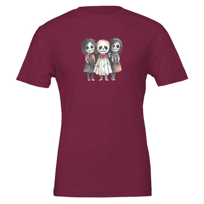 Maroon horror child t-shirt with three spooky skeleton kids graphic, soft eco-friendly cotton, unisex fit