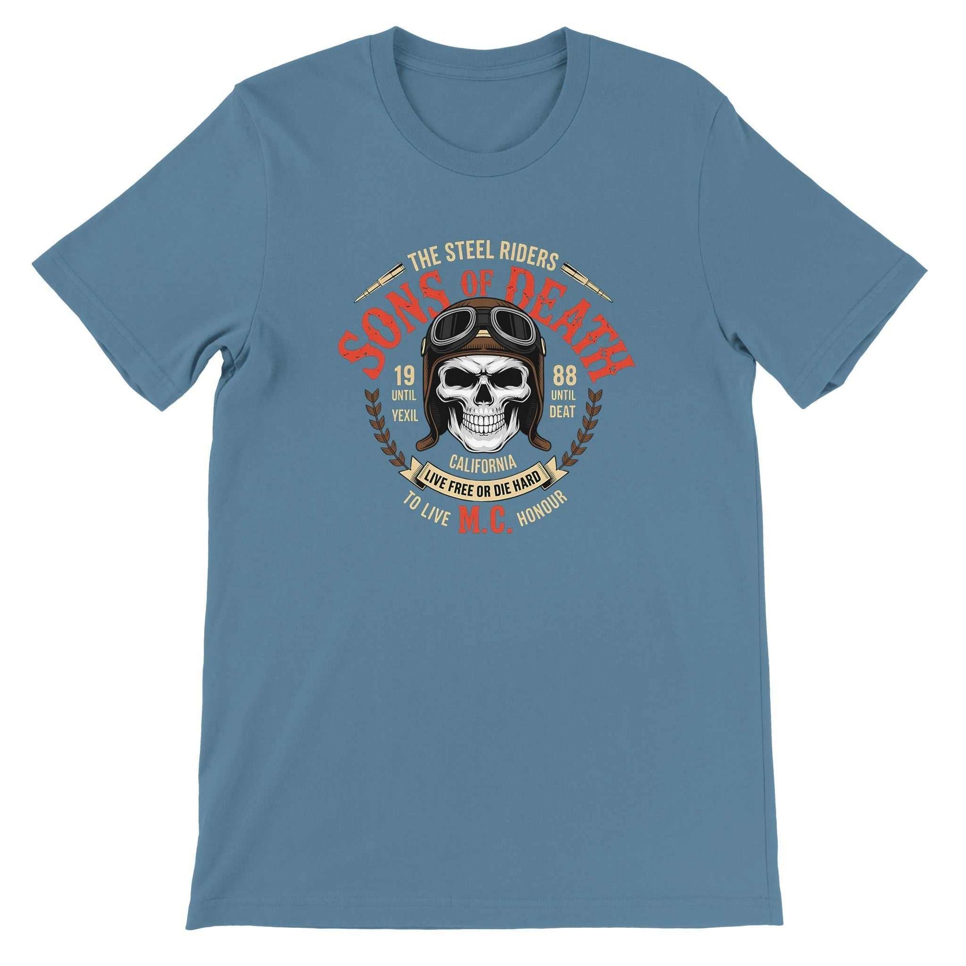 Biker T-Shirt in blue with skull and goggles design, 100% cotton, unisex fit, DTG print suitable, premium biker style apparel