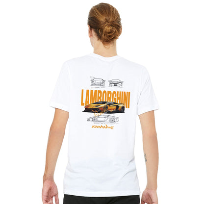 Weißes Lamborghini Design T-Shirt für Herren und Damen mit hochwertigem, stylischem Auto-Motiv auf der Rückseite