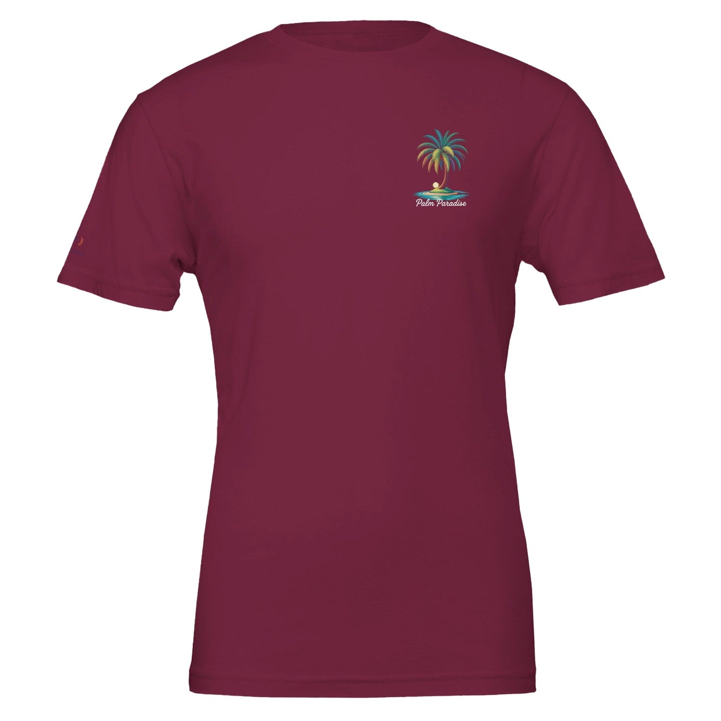 bordeauxrotes sommer t-shirt mit kleinem palmen-strandmotiv, unisex, weich und umweltfreundlich aus 100% gekämmter baumwolle