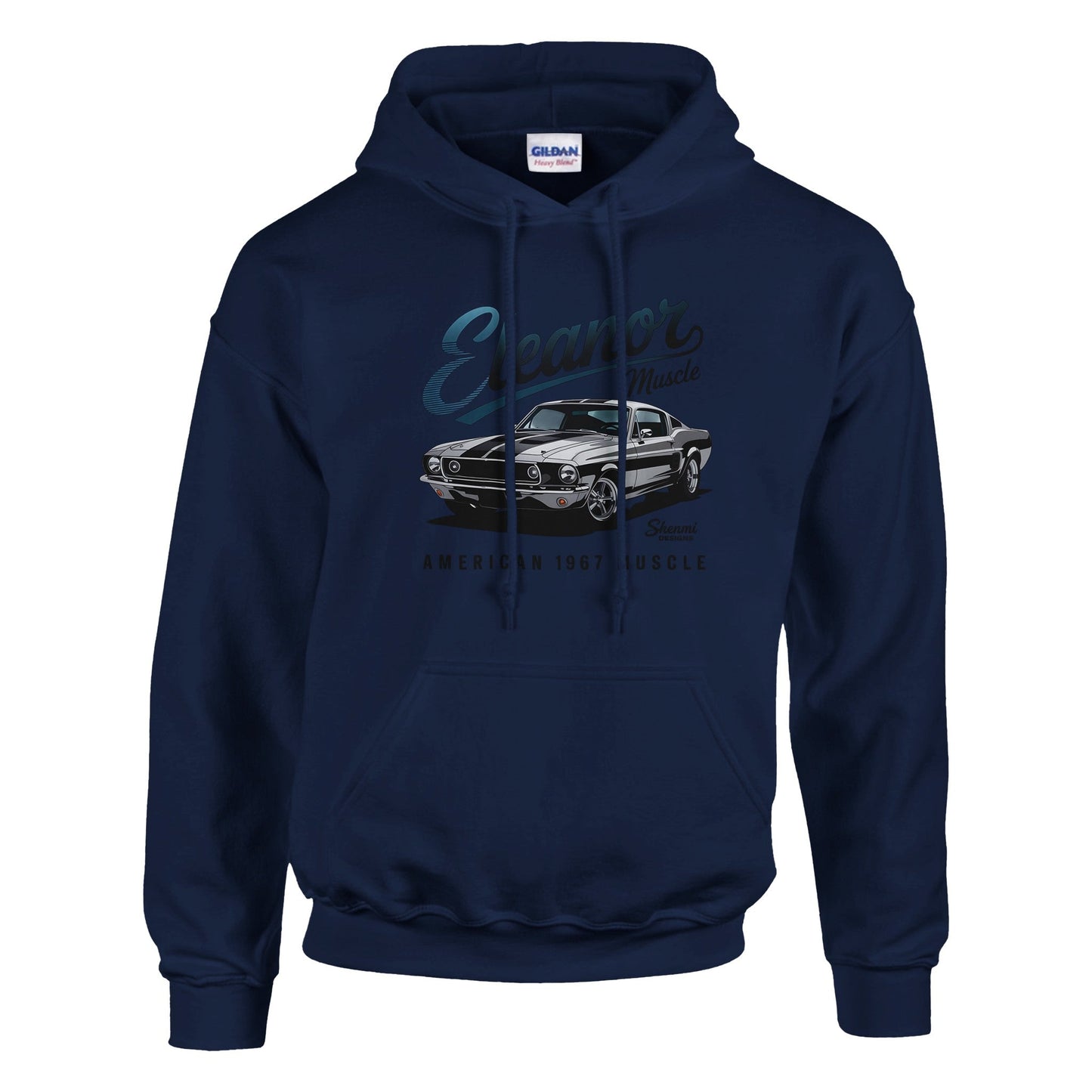 navy eleanor hoodie with muscle car graphic for men and women, made of soft cotton-polyester blend with front pouch pocket and adjustable hood.