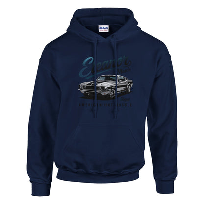 Navy Eleanor Hoodie with muscle car graphic for men and women, made of soft cotton-polyester blend with front pouch pocket and adjustable hood.