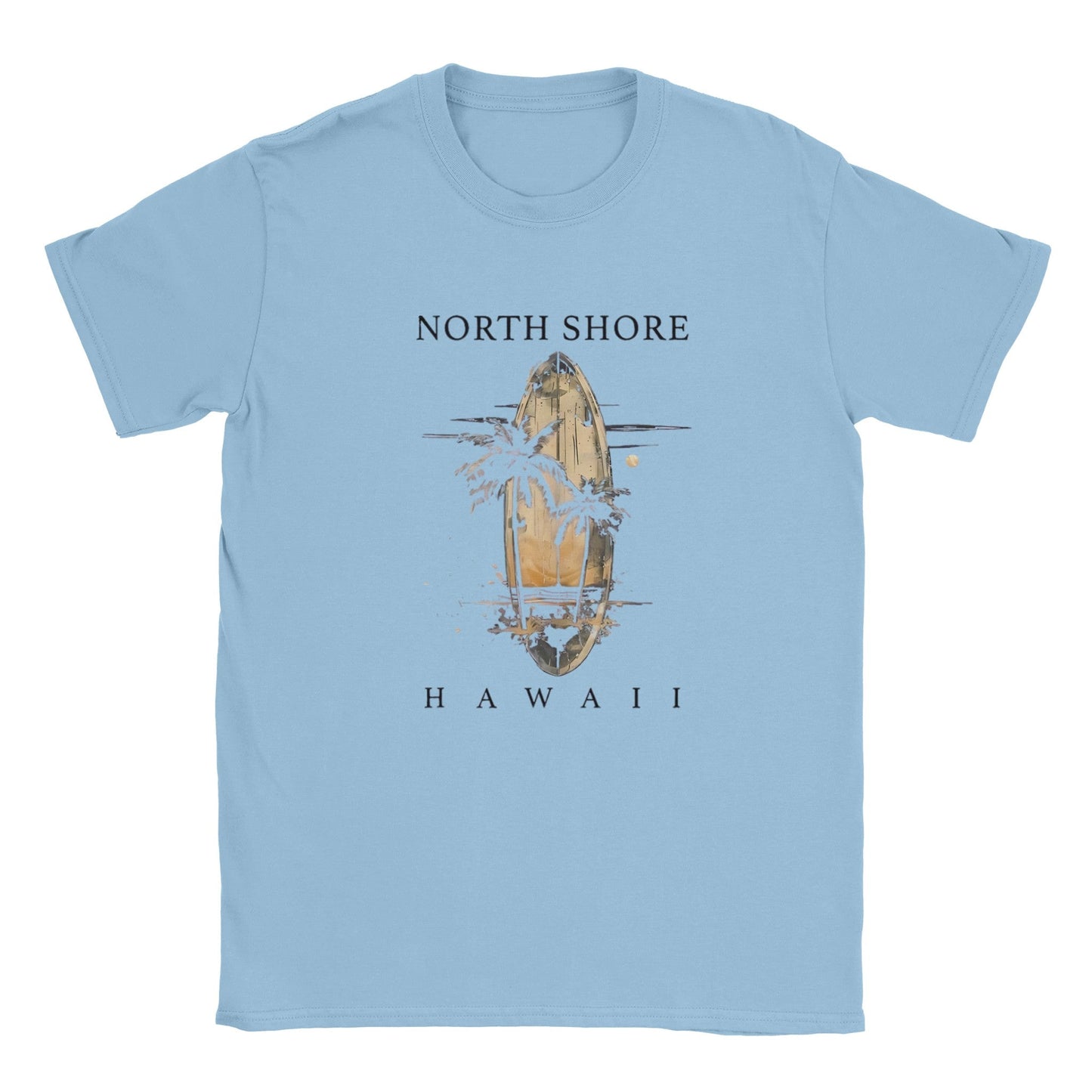helles hawaii sommer beach unisex t-shirt mit surfbrett und palmen-motiv, bequem und luftig aus baumwolle.