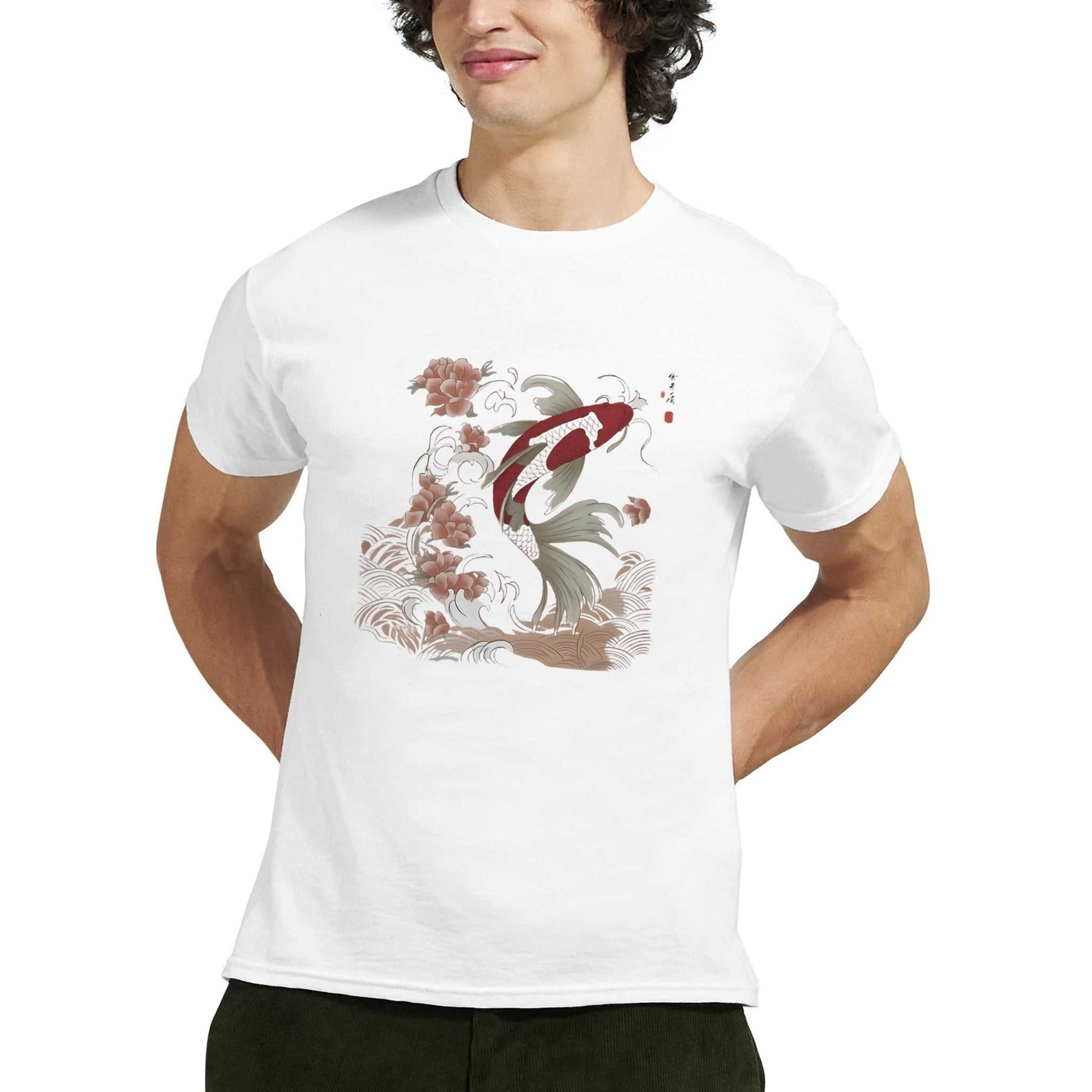 White Koi Asian Style unisex crewneck t-shirt with koi fish and floral design, 100% cotton durable casual wear