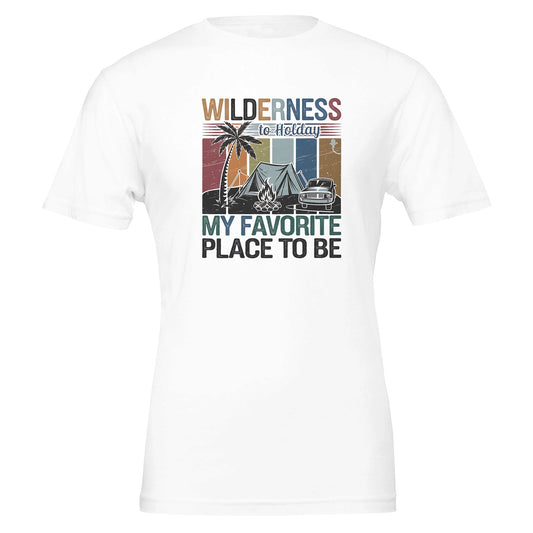 Weißes Premium Wilderness T-Shirt mit Camping-Motiv und Vintage-Print, unisex, weicher Baumwollstoff, nachhaltige Herstellung