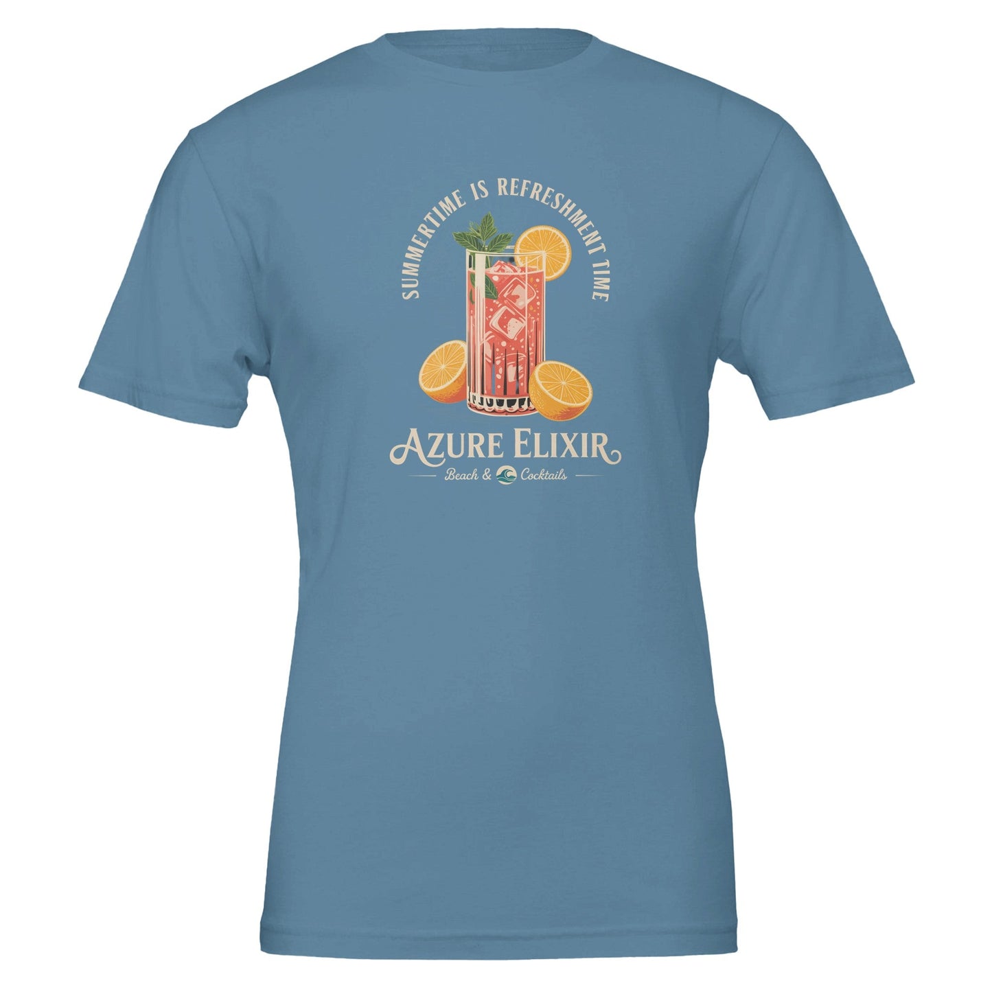 hellblaues sommer t-shirt mit cocktail-print, unisex, aus weicher bio-baumwolle, ideal für strand und bar