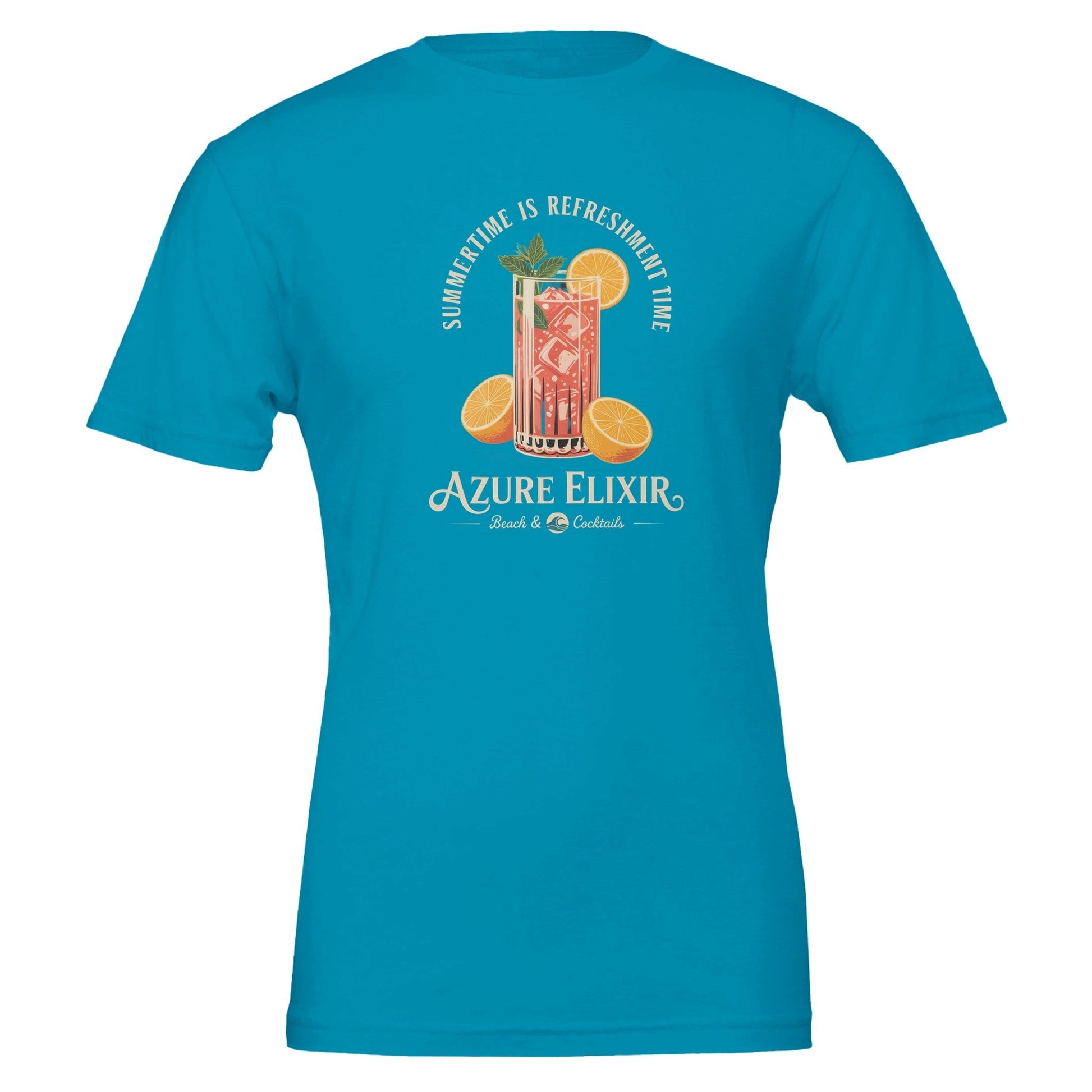 Blaues Sommer T-Shirt mit erfrischendem Cocktailschriftzug für Strand und Bar, Unisex Passform, aus weicher Baumwolle