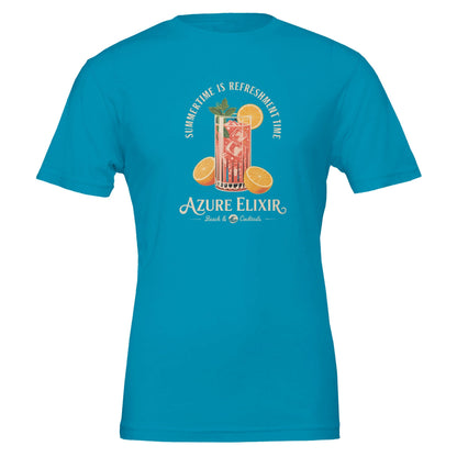 Blaues Sommer T-Shirt mit Cocktail-Print, unisex, weich und atmungsaktiv, ideal für Strand und Bar