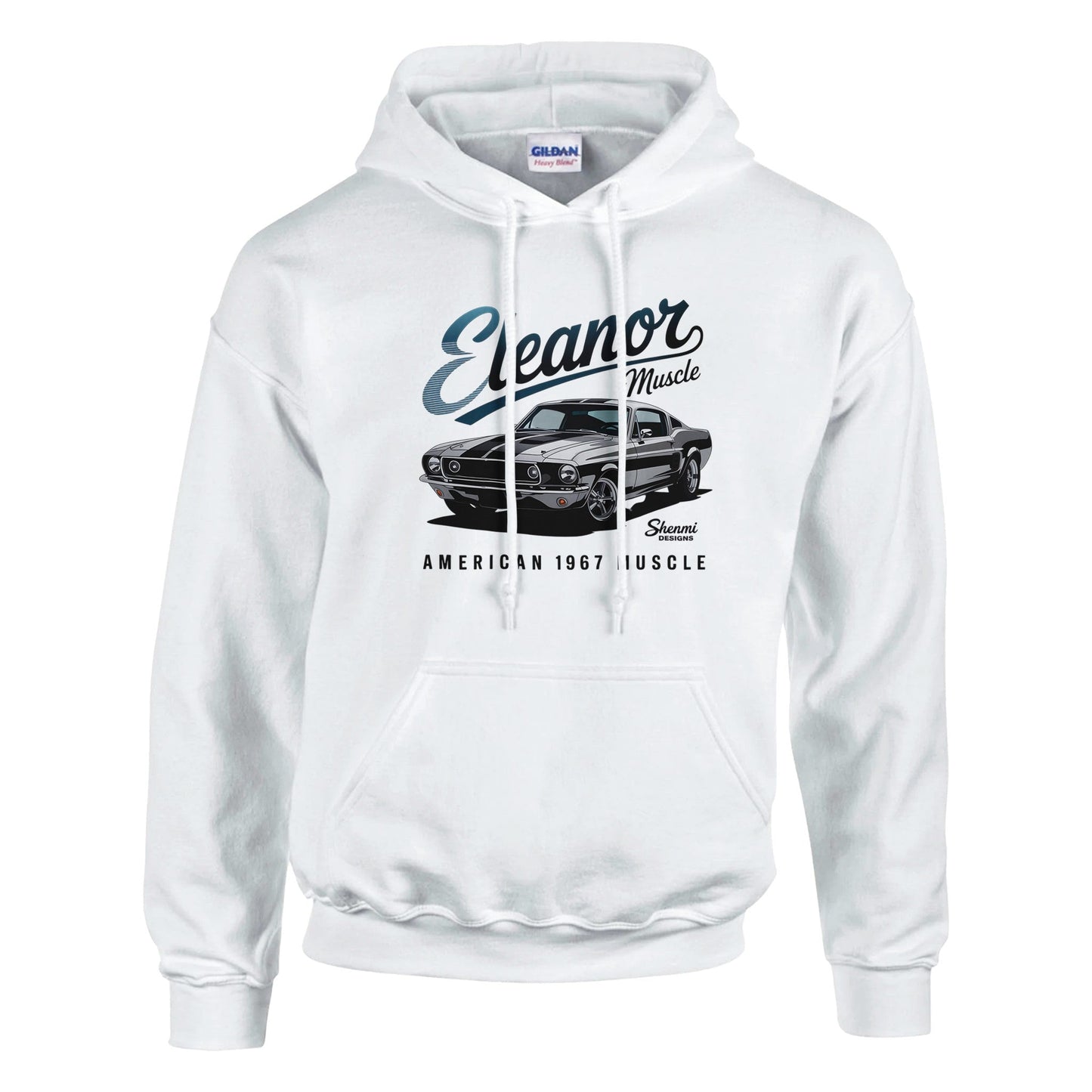 white eleanor hoodie with vintage 1967 muscle car graphic, unisex design, soft cotton-polyester blend, and front pouch pocket.