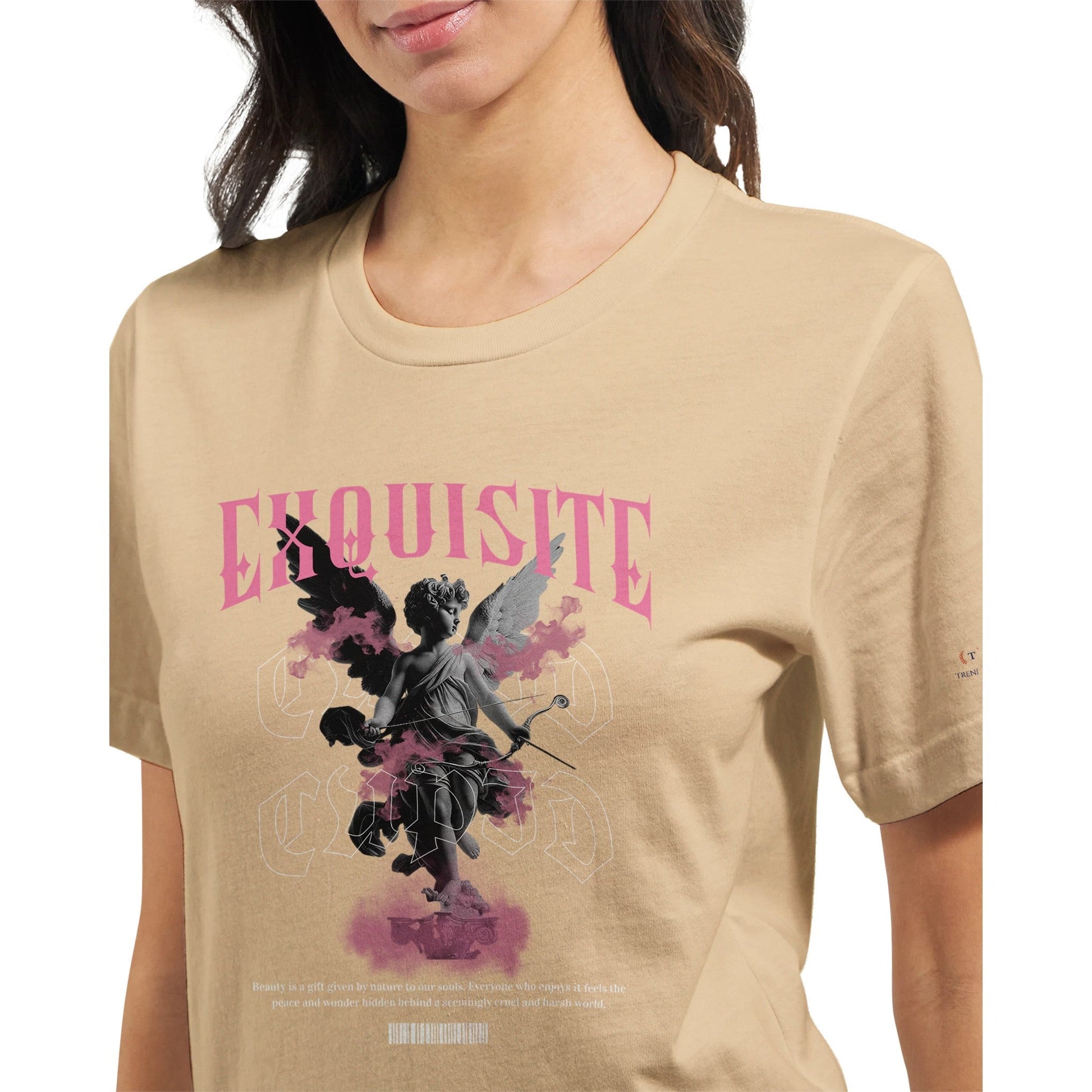 Unisex crewneck t-shirt with soft fabric and durable DTG print featuring exquisite graphic design in beige color