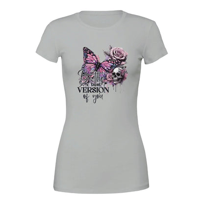Premium Damen Crewneck T-Shirt in Grau mit Schmetterlings- und Rosenmotiv sowie inspirierendem "Best of You" Schriftzug, aus weicher Baumwolle.