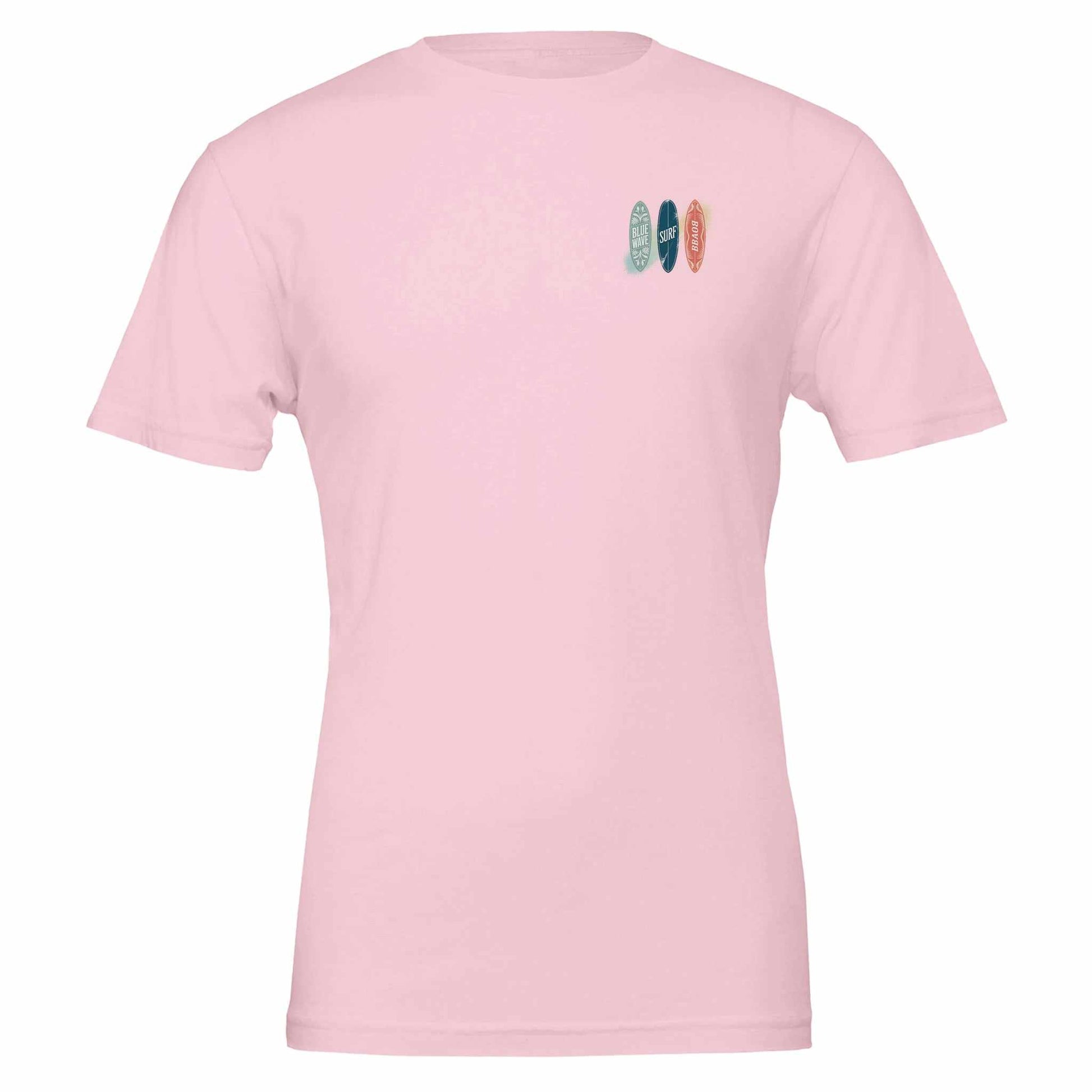 Premium Surfer T-Shirt in Rosa mit Surfer-Print, weiches Baumwollshirt für Sommer und Strandpartys, Unisex Passform