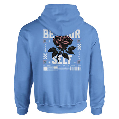 Light blue unisex hoodie with "Be Yourself" graphic and rose design on the back.