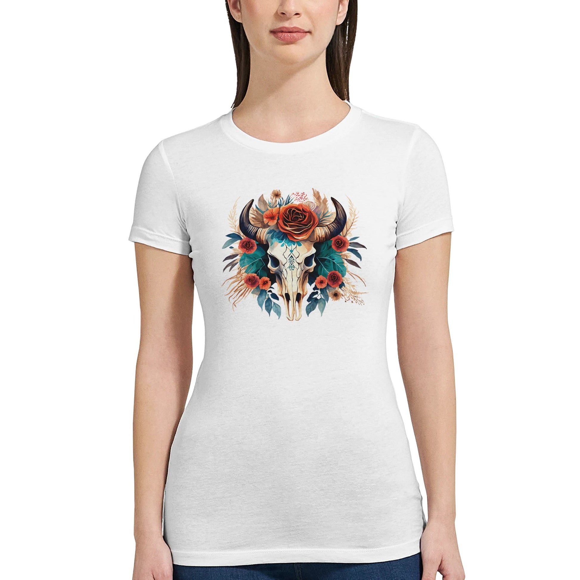 Weißes Premium Texas Flower T-Shirt mit floralem Büffelschädel-Design, taillierte Passform, aus 100% Baumwolle
