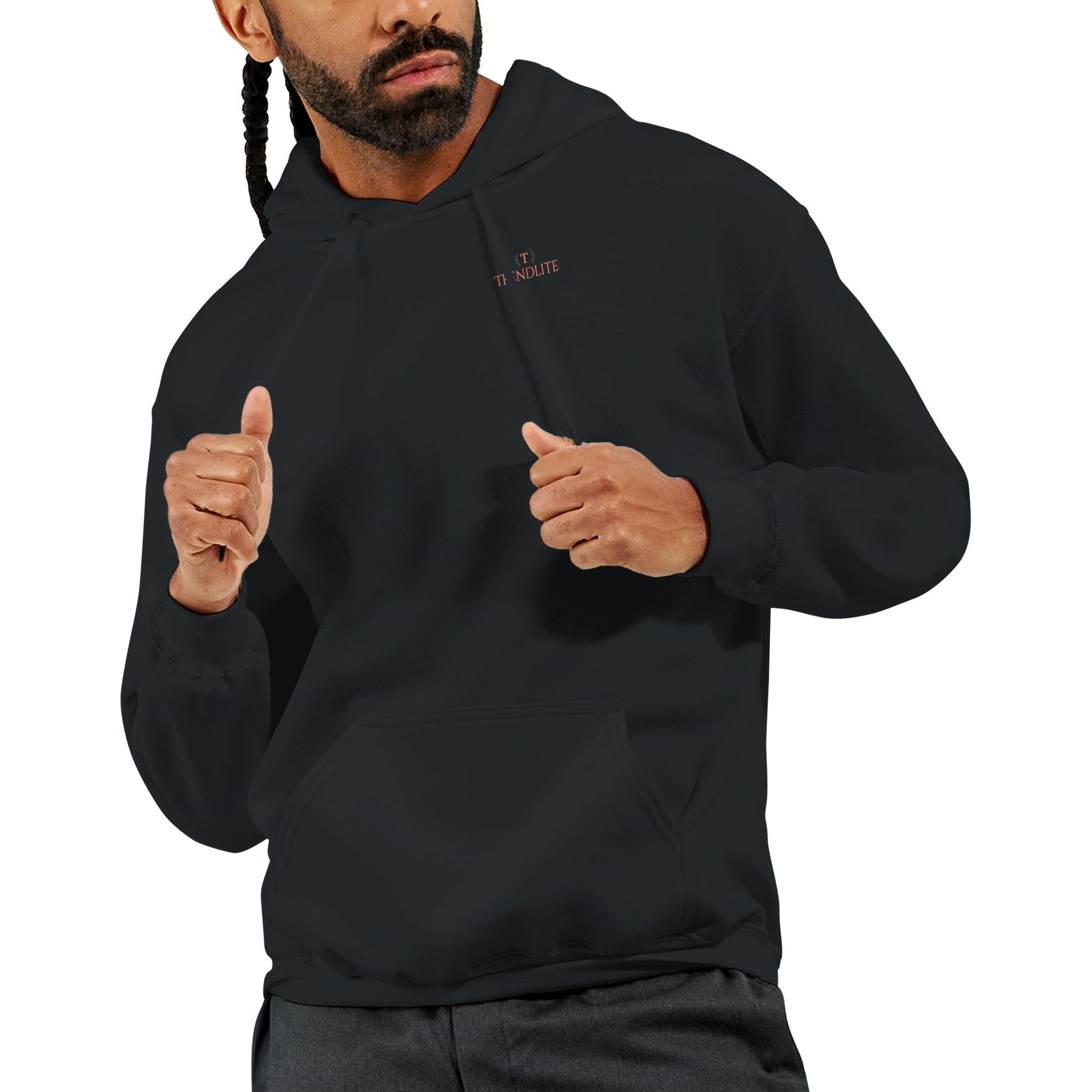 Black unisex hoodie with front pouch pocket and double-lined hood, made from soft cotton-polyester blend