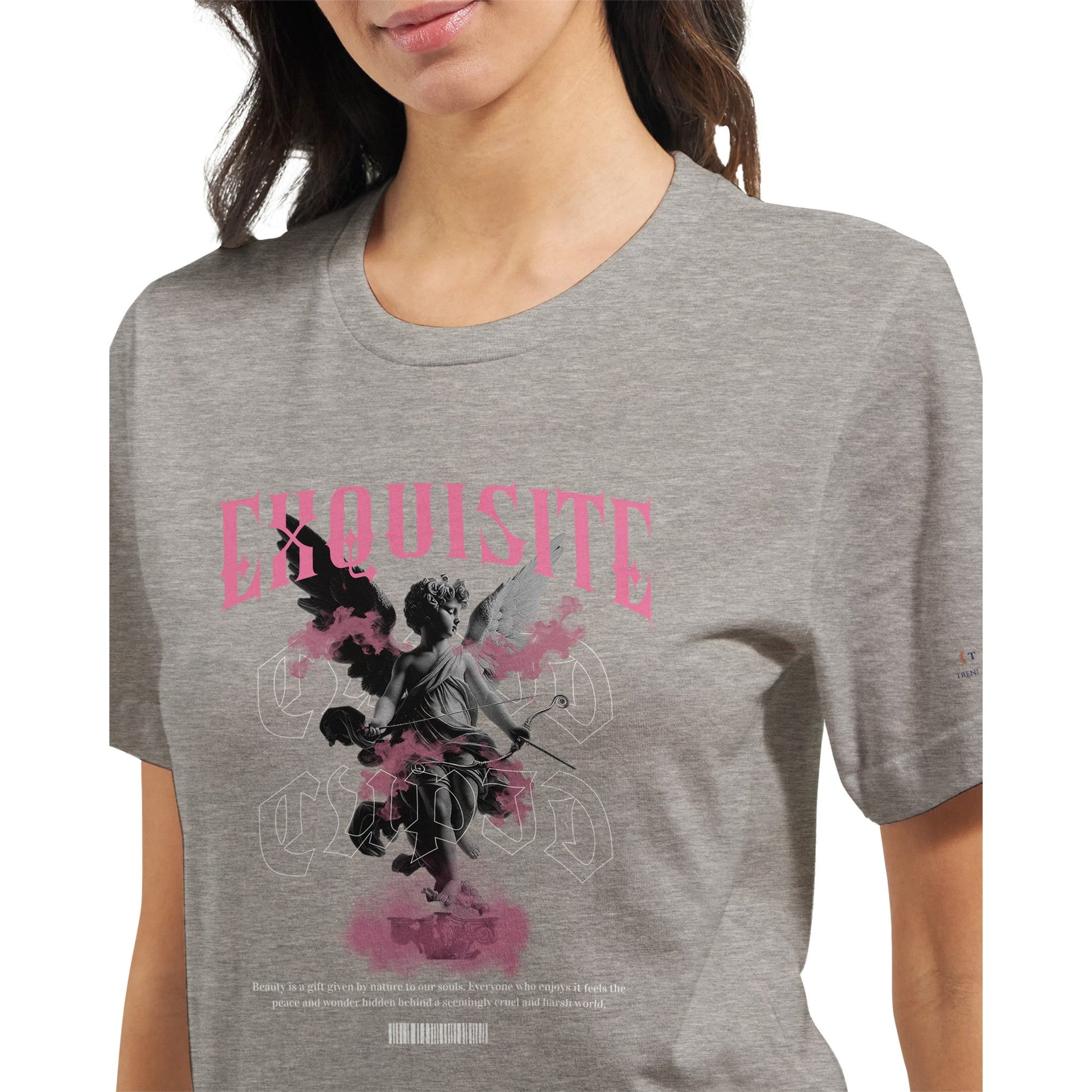 Unisex crewneck t-shirt in gray with pink and black artistic print, soft 100% cotton fabric ideal for DTG printing