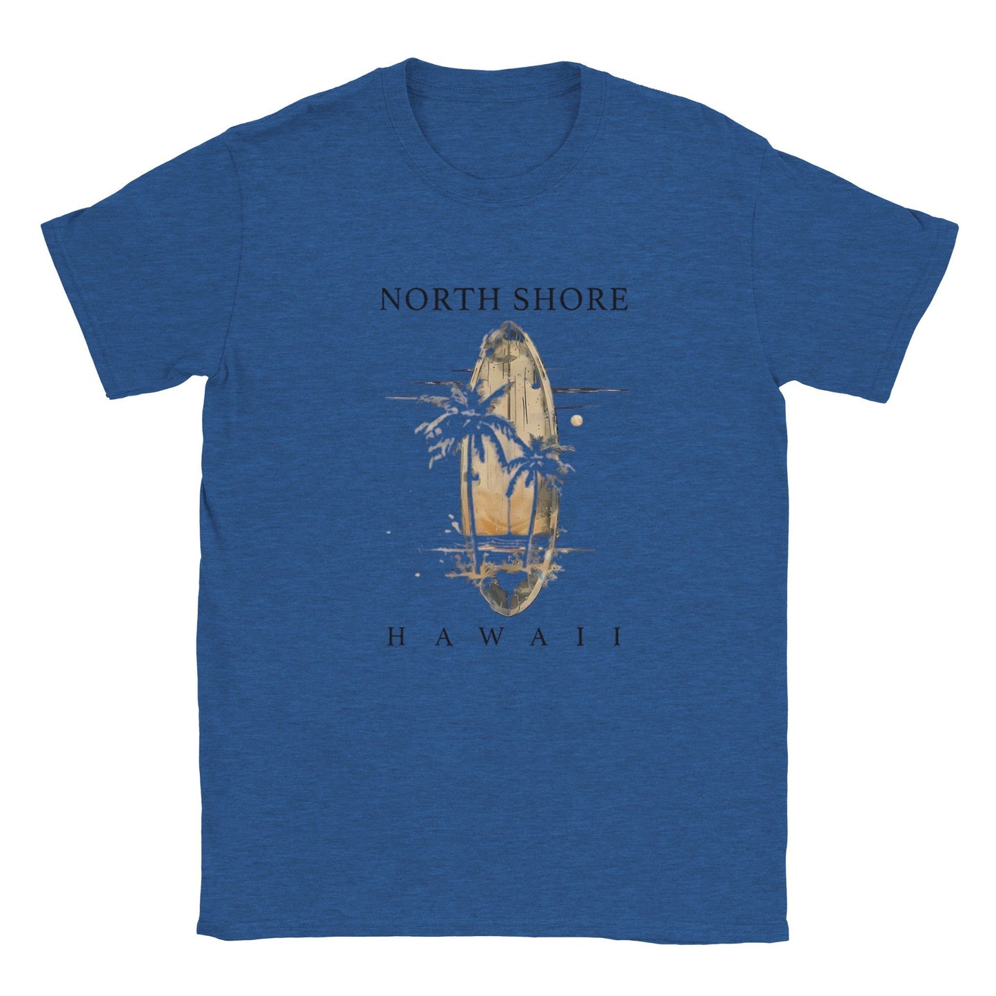 blaues hawaii sommer beach unisex t-shirt mit surfbrett und palmenmotiv, luftiger baumwollstoff für strandtage