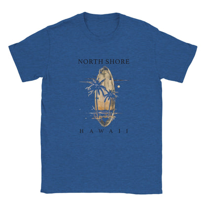 blaues Hawaii Sommer Beach Unisex T-Shirt mit Surfbrett und Palmenmotiv, luftiger Baumwollstoff für Strandtage