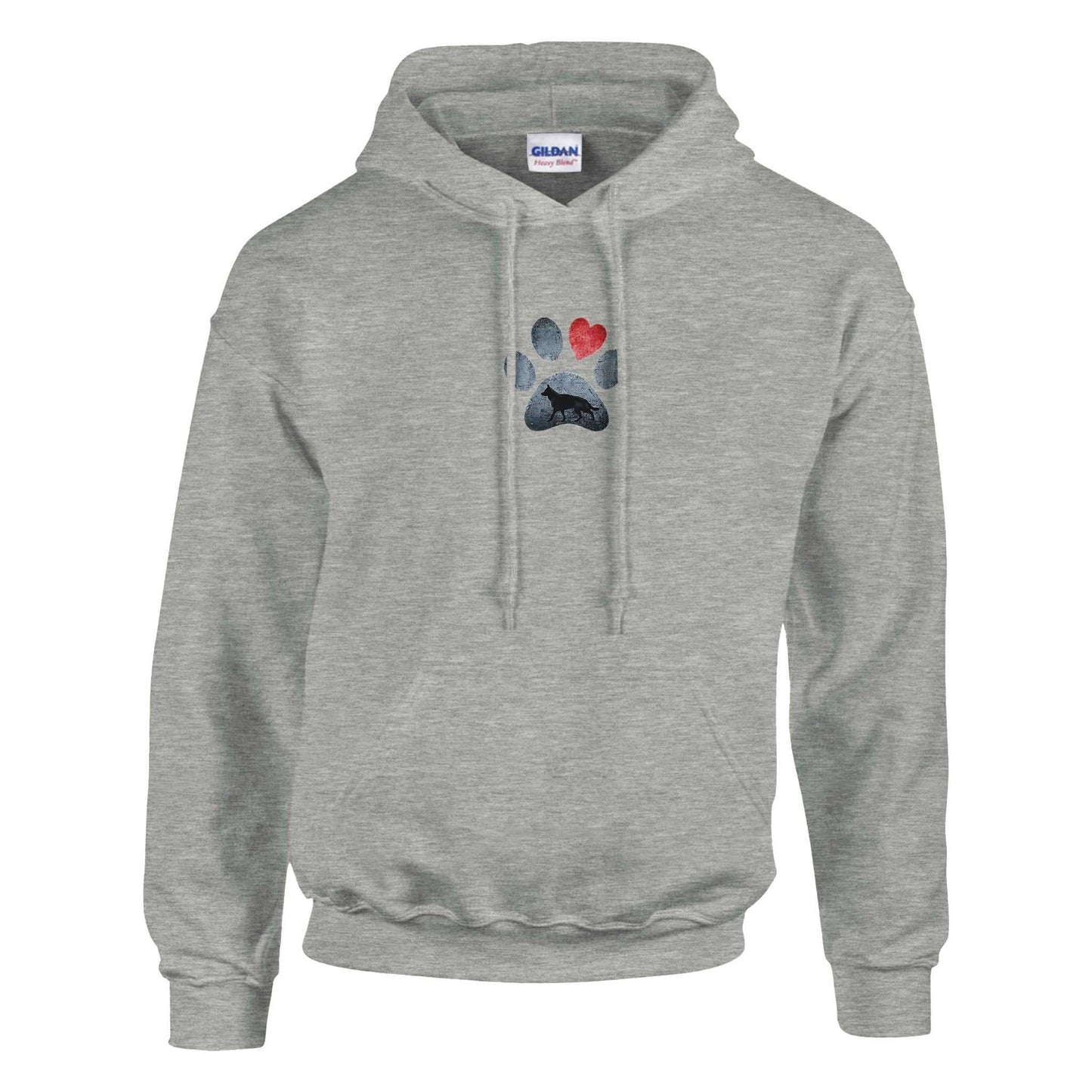 grau melierter hunde liebhaber hoodie mit schäferhund pfoten- und herz-design, komfortabler kapuzenpullover aus baumwoll-polyester-mischgewebe