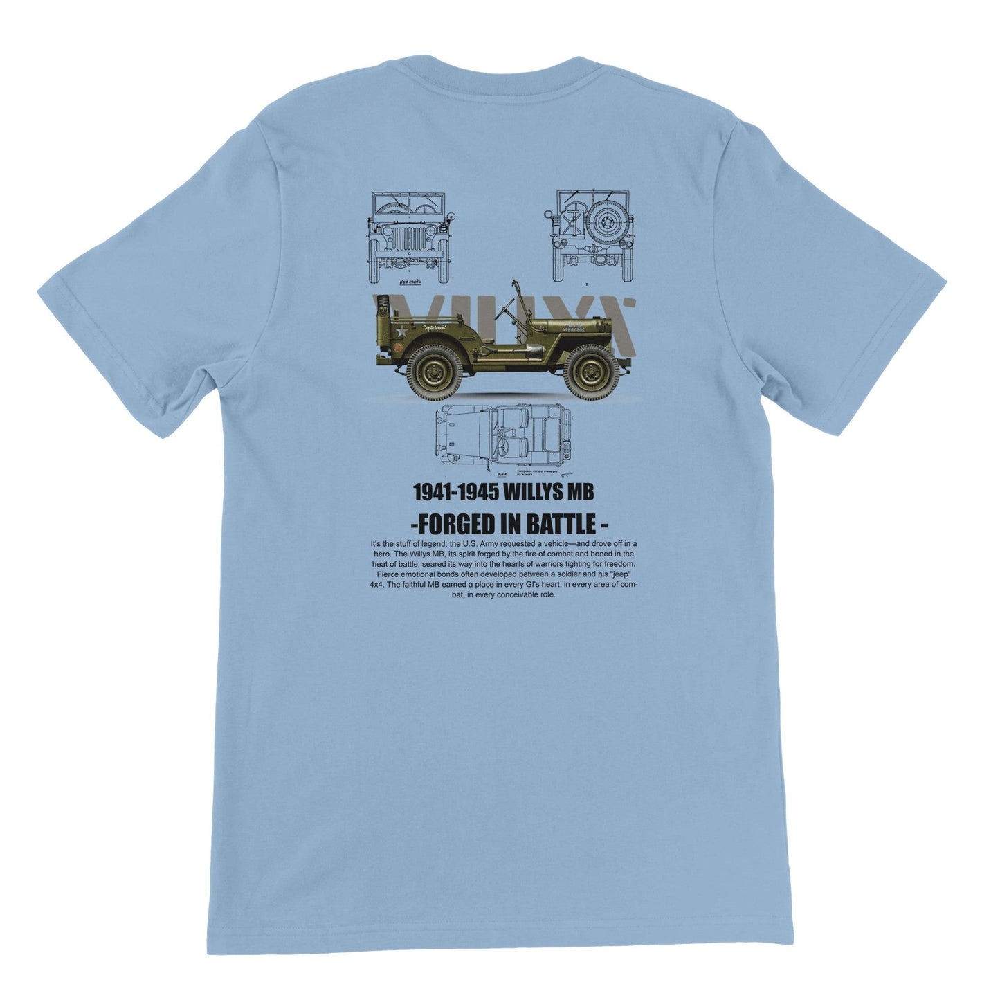 hellblaues willys jeep t-shirt mit vintage-grafik und offroad-motiv für jeep-liebhaber