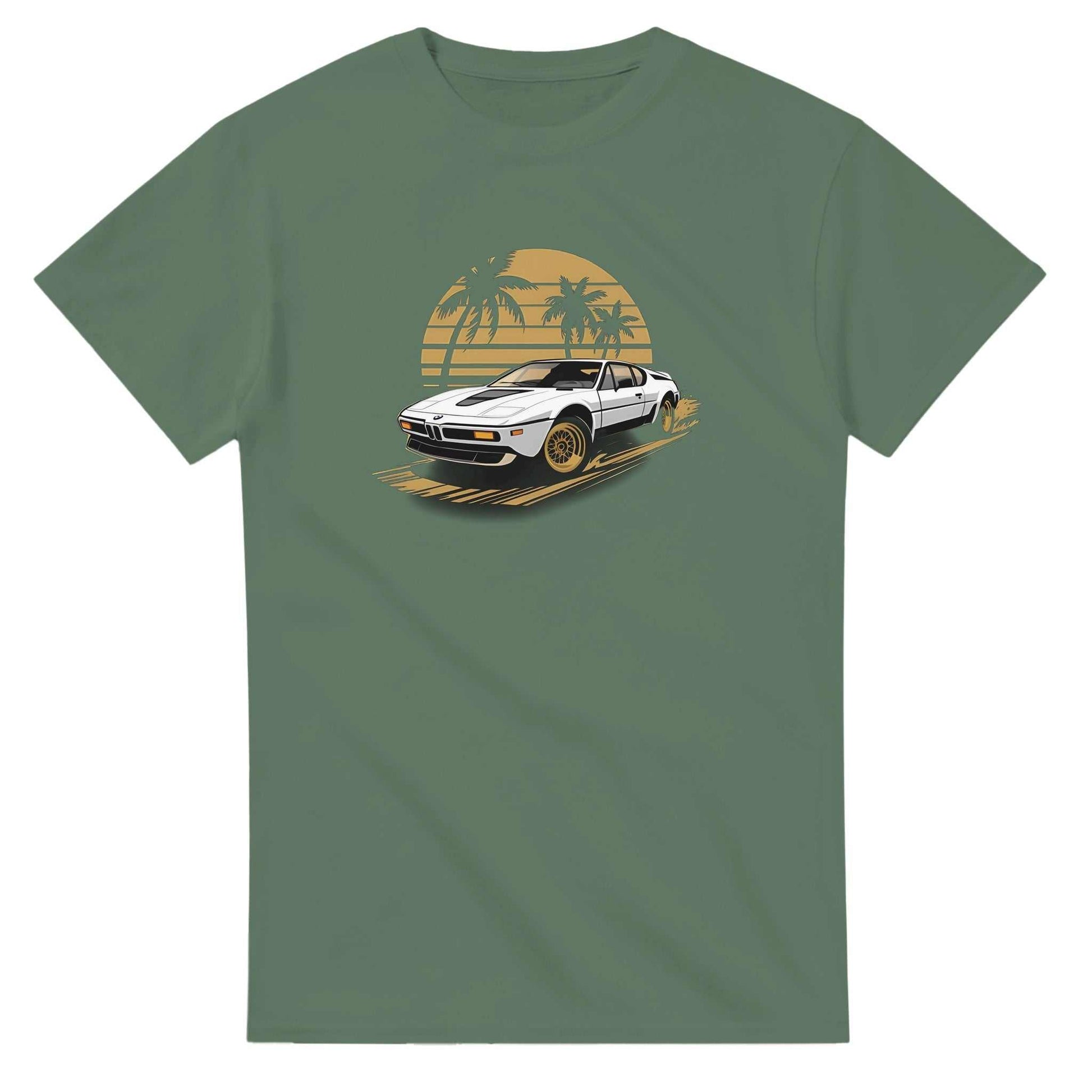 Premium unisex summer car t-shirt with vintage car and palm tree design on green heavyweight cotton fabric