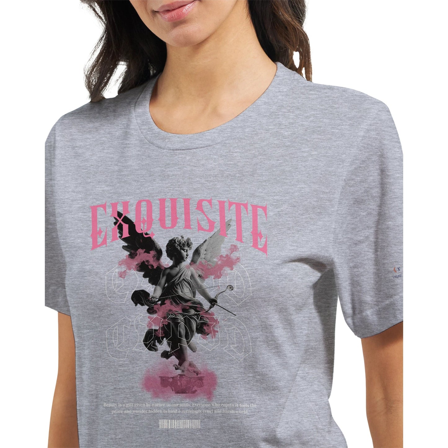 unisex crewneck t-shirt grau mit pinkem aufdruck und engelsmotiv, weiche baumwolle, figurbetonter schnitt, ideal für dtg-druck