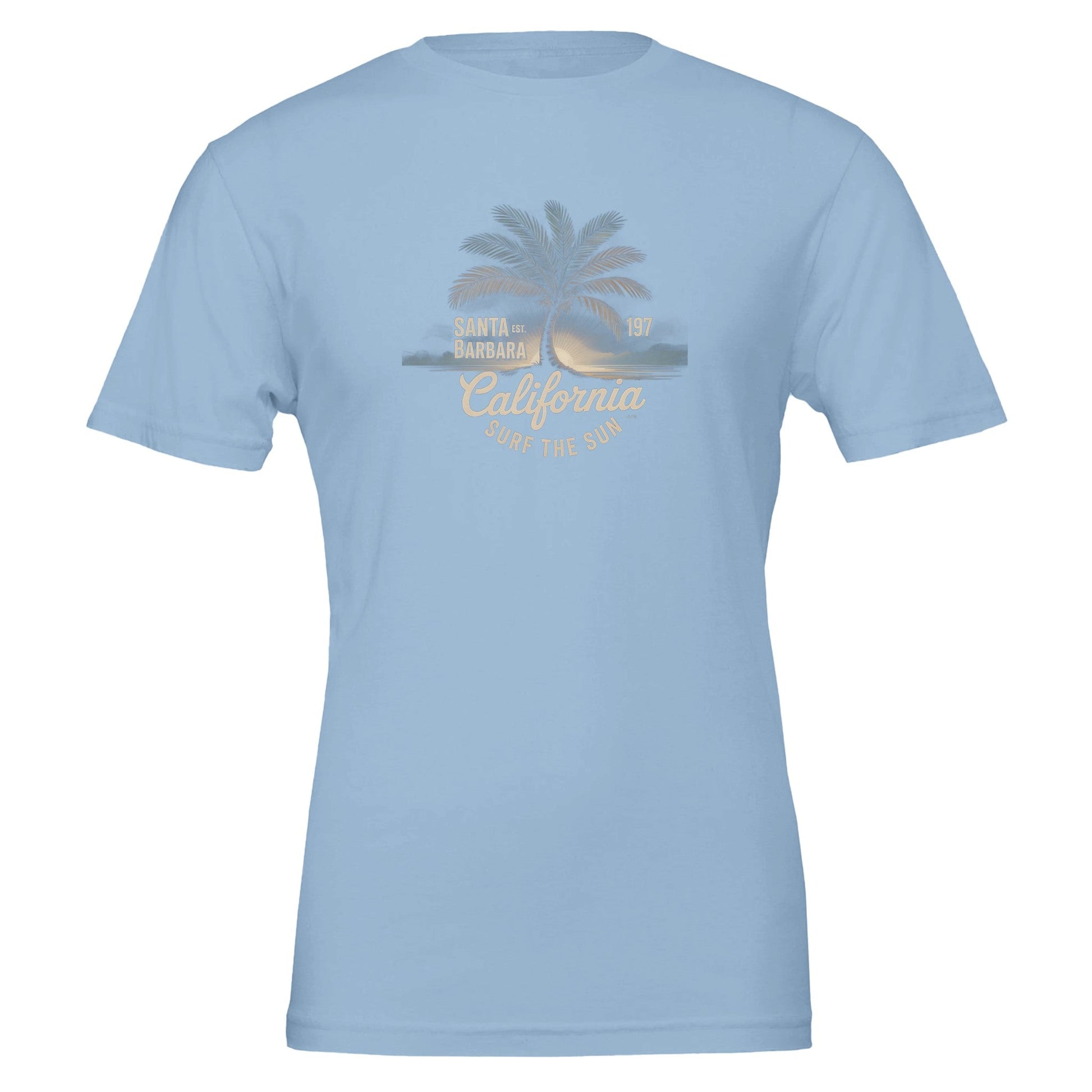 Light blue Surfer T-Shirt Sommer with California beach palm tree and wave graphic, soft eco-friendly cotton, unisex fit.