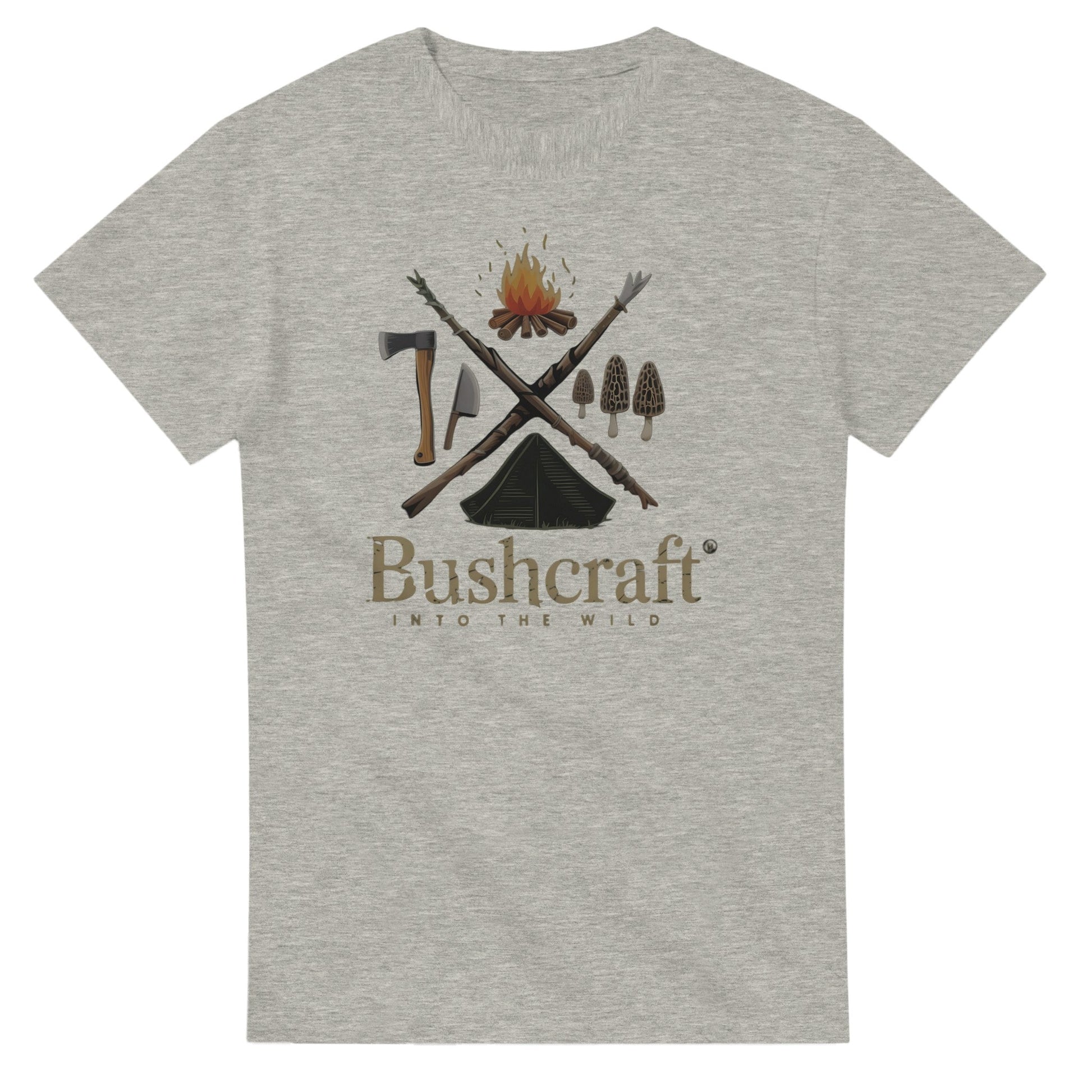 Graues Bushcraft T-Shirt aus 100% Baumwolle mit Wildnis- und Campingmotiv, langlebig und bequem für Naturliebhaber