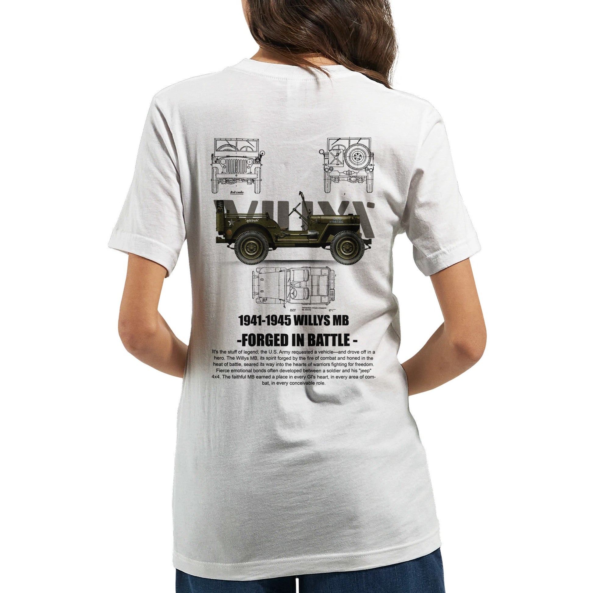 Willys Jeep T-Shirt mit Vintage-Grafik und technischem Bauplan auf weißem Stoff, unisex Schnitt, für Offroad-Fans und Jeep-Liebhaber