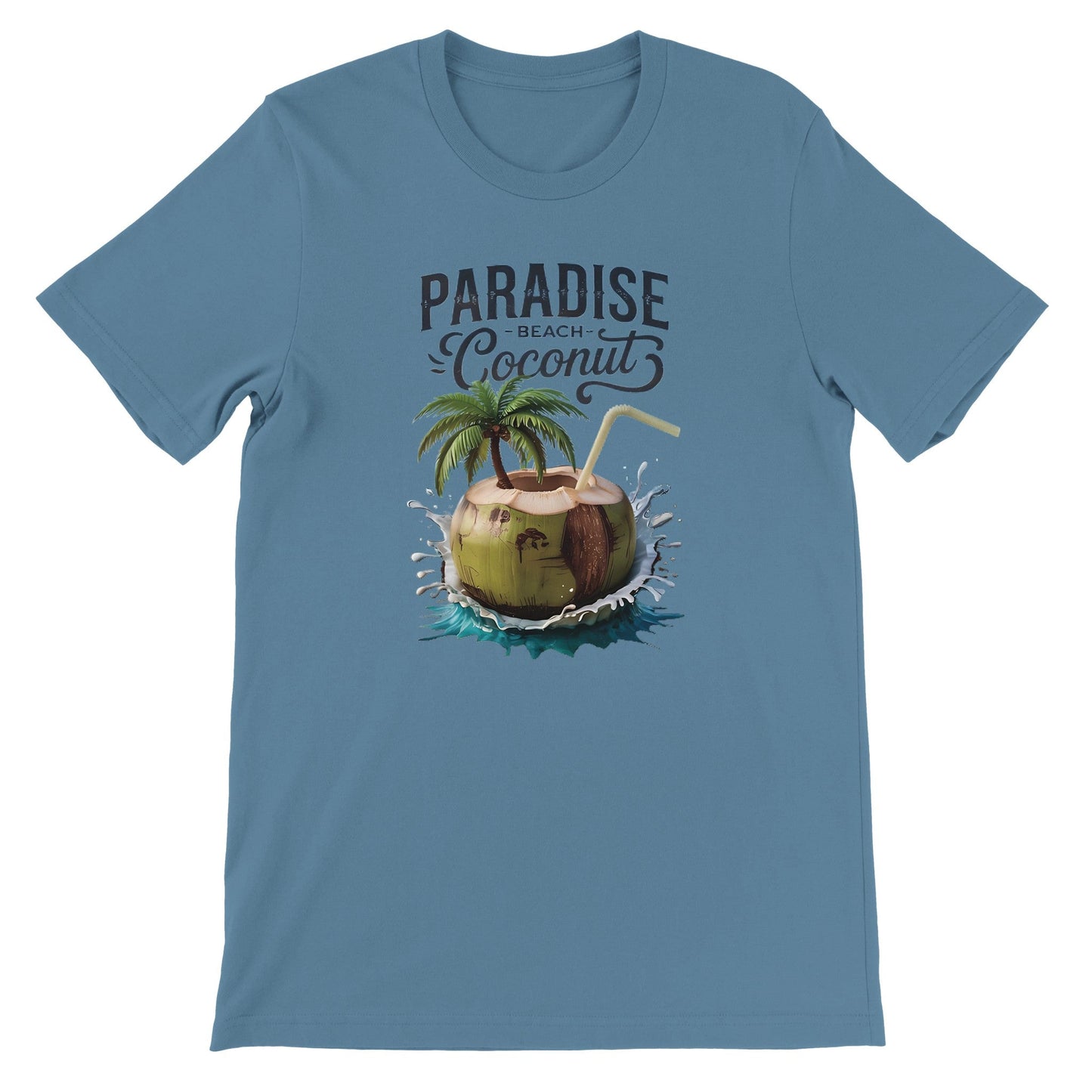 blaues sommer t-shirt mit kokosnuss-strand-print und paradise-schriftzug, atmungsaktiv und bequem.