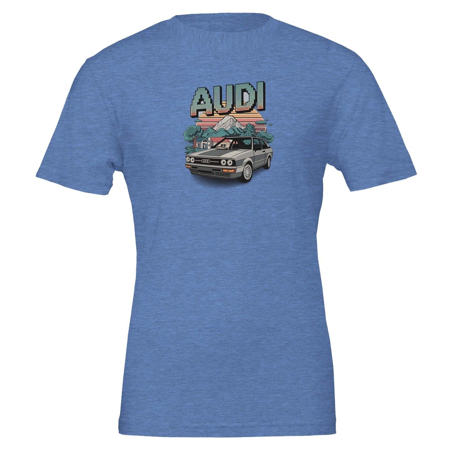 blue oldschool t-shirt with retro audi car and pixelated minecraft style graphic design
