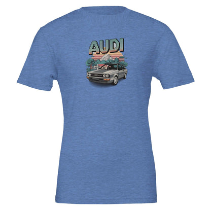 Blue oldschool t-shirt with retro Audi car and pixelated Minecraft style graphic design