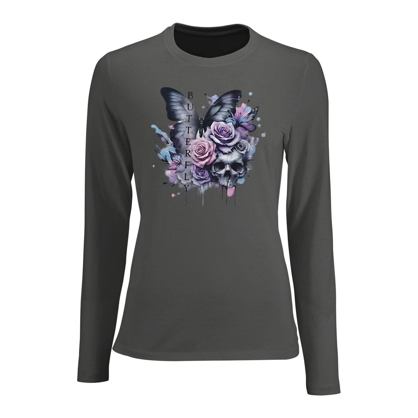 damen langarm t-shirt mit schmetterlings- und totenkopf-motiv, figurbetontes premium-shirt in dunkelgrau