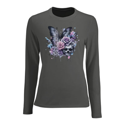 Damen Langarm T-Shirt mit Schmetterlings- und Totenkopf-Motiv, figurbetontes Premium-Shirt in Dunkelgrau