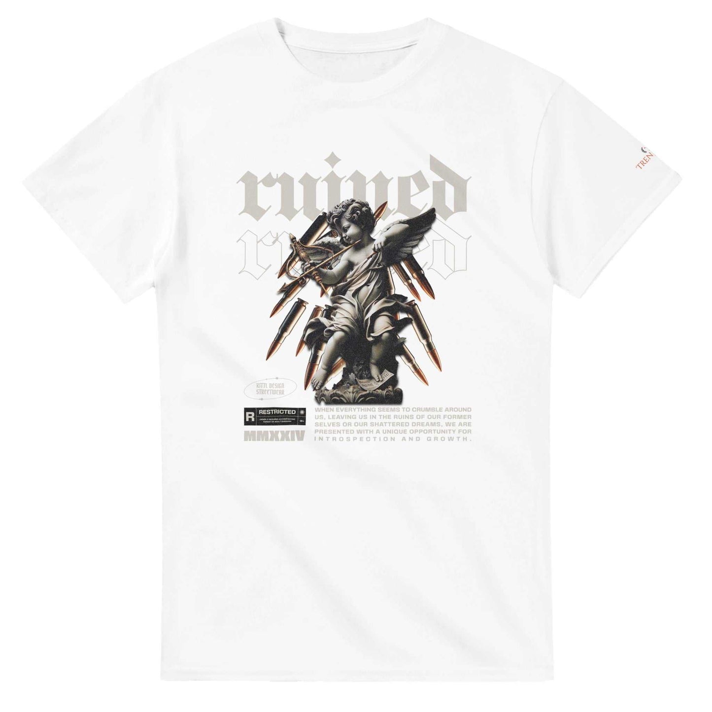 white ruined streetwaer unisex crewneck t-shirt with graphic angel print, heavyweight cotton, durable classic fit