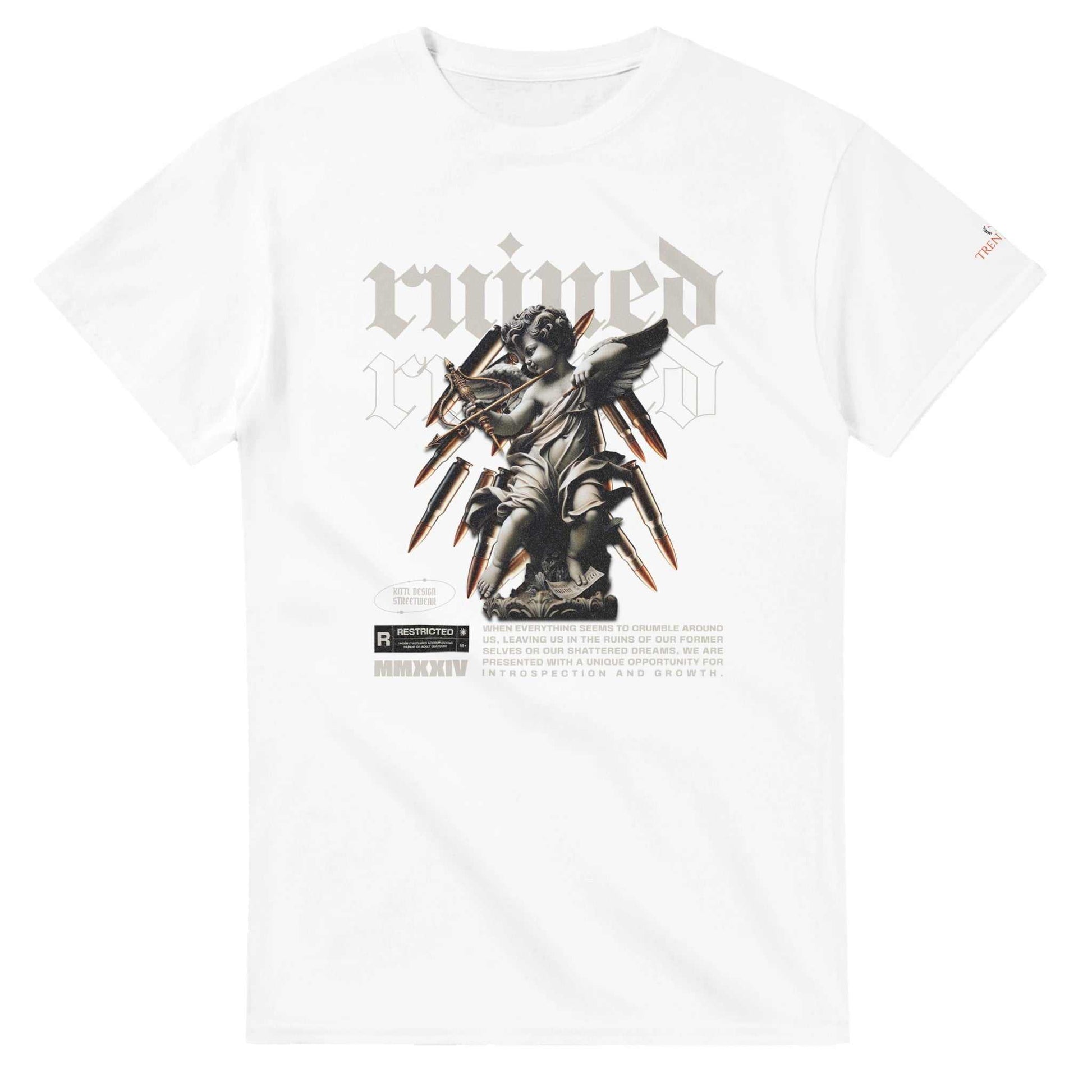 White Ruined Streetwaer unisex crewneck t-shirt with graphic angel print, heavyweight cotton, durable classic fit