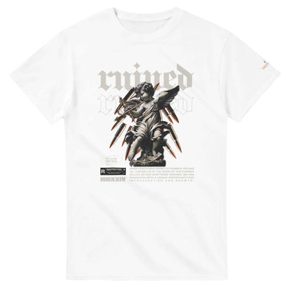 White Ruined Streetwaer unisex crewneck t-shirt with graphic angel print, heavyweight cotton, durable classic fit