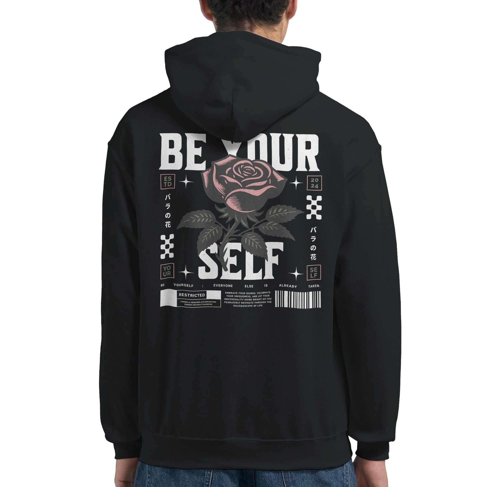 Black unisex hoodie with "Be Yourself" text and rose graphic on back, featuring double-lined hood and front pouch pocket.