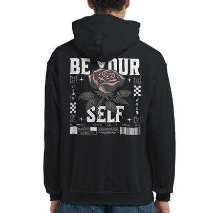 Black unisex hoodie with "Be Yourself" text and rose graphic on back, featuring double-lined hood and front pouch pocket.
