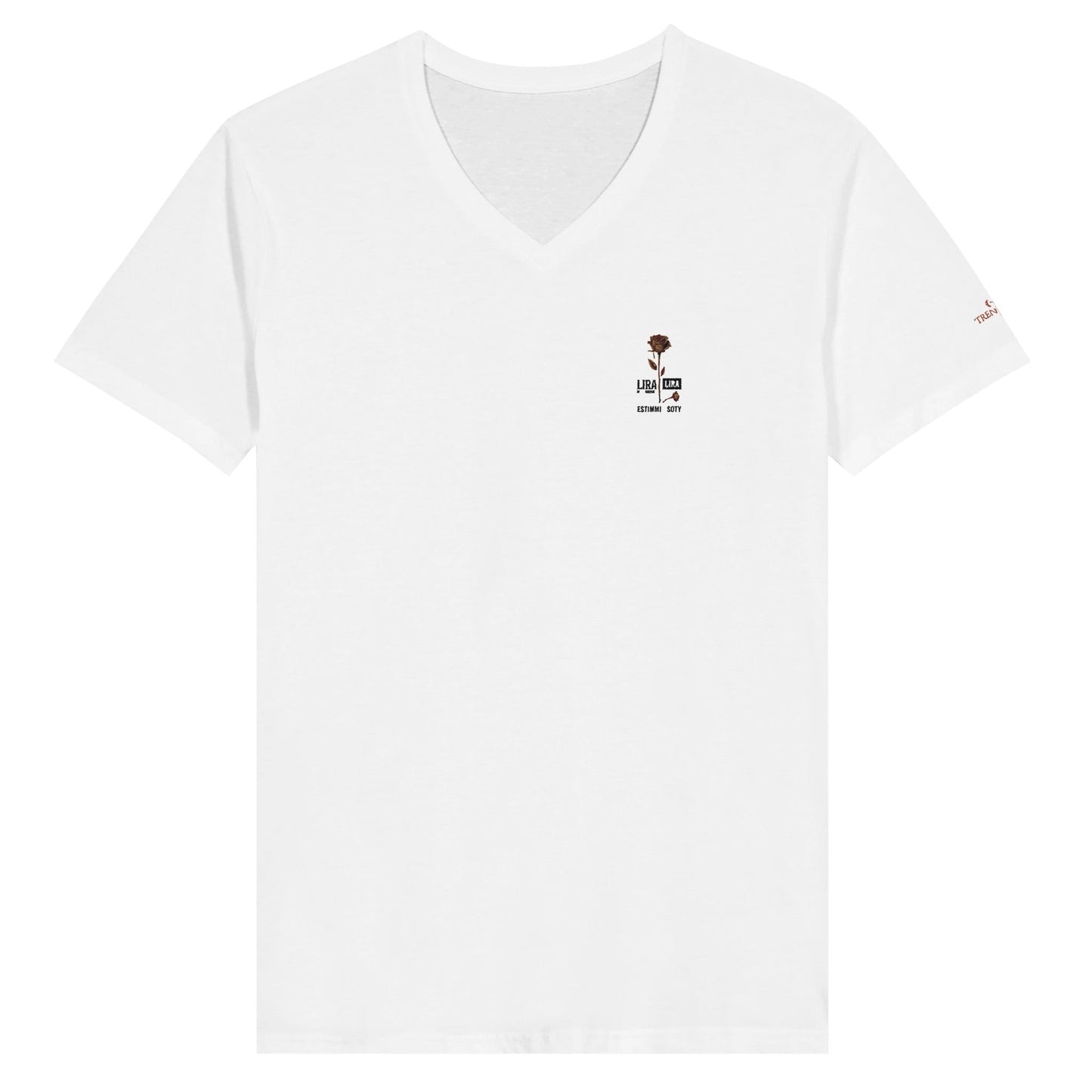 weißes premium stickerei t-shirt mit v-ausschnitt und kleinem lira design, unisex, aus weicher baumwolle