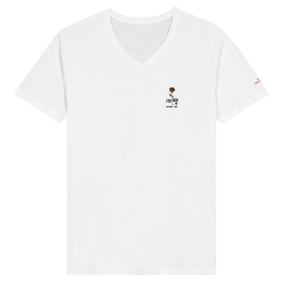 weißes Premium Stickerei T-Shirt mit V-Ausschnitt und kleinem Lira Design, unisex, aus weicher Baumwolle